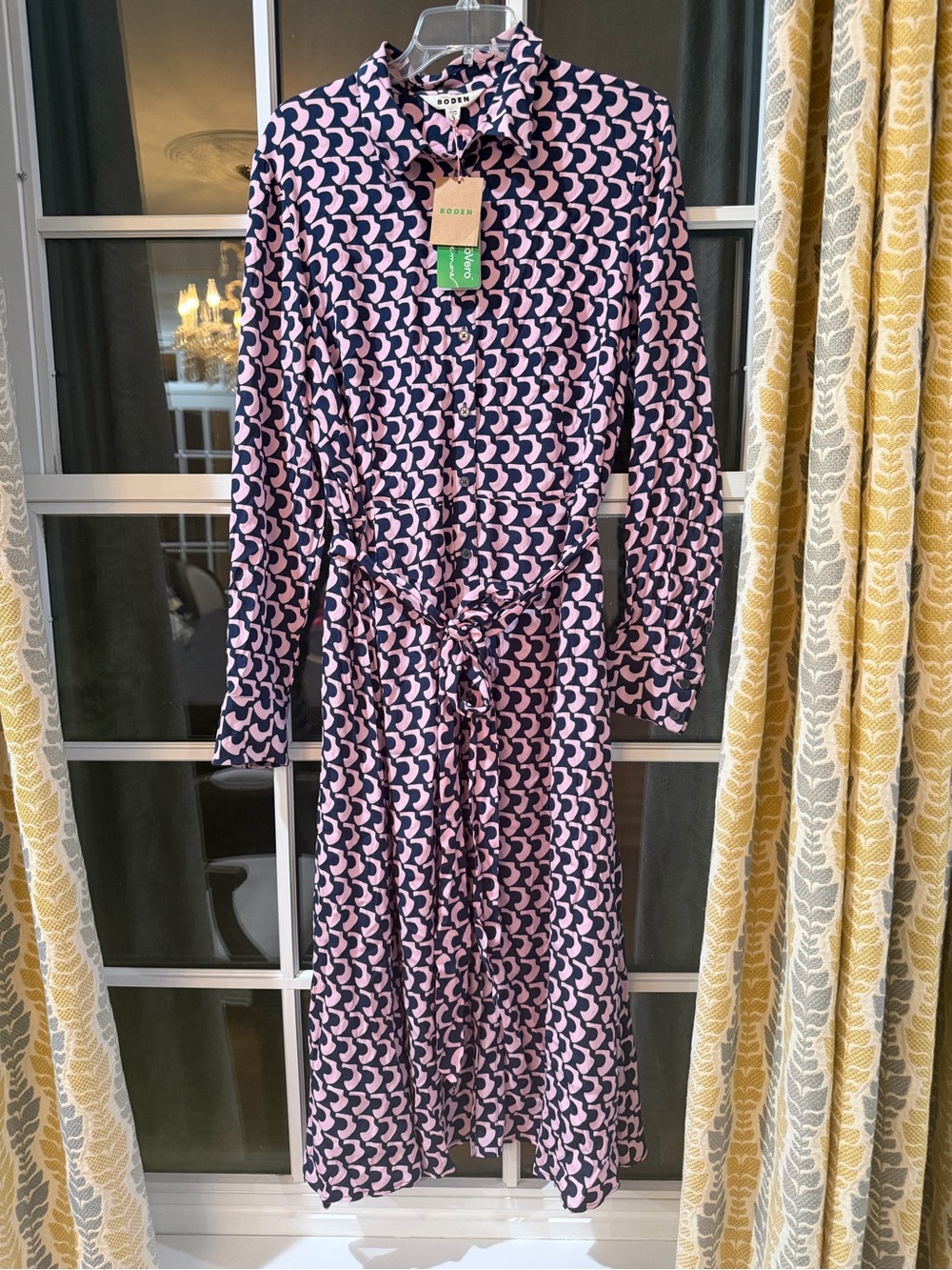 NWT Boden Kate Midi Shirt Dress US 16 18 Pink Navy Geometric Print Belted D0733⁠